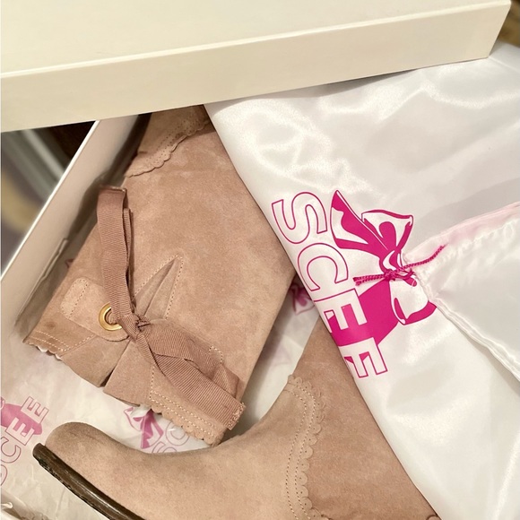 🎉HP! Italian Designer Distressed Suede Ribbon Detail Moto Boots (EUC) - Picture 9 of 9